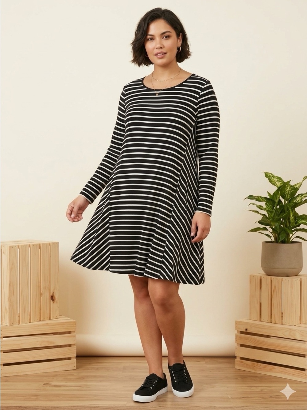 Stylus Black & White Striped Long Sleeve Swing Dress - Size Large